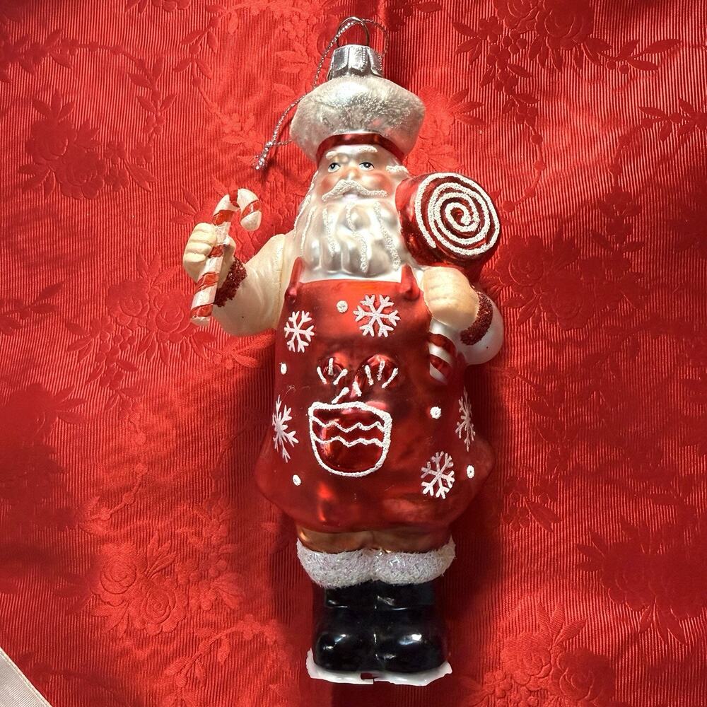 Holiday Home Baker Candy Cane Santa Blown Glass Christmas Tree Ornament 6.5”